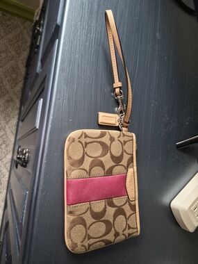 Coach Brown Signature Wristlet Phone Case with Pink Stripe